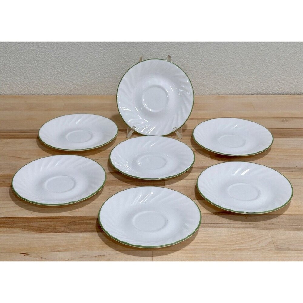 Set Of 7 Corelle by Corning CHUTNEY Saucers White with Green Swirl Rim USA Made